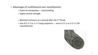 – Advantages of multifilament over monofilament:
– Easier to manipulate --- easy knotting
– Higher tensile strength
– Maintains tensions on a wound after the 1st throw
– Use of 2-1-1 or 1-1-1 tying sequence --- versus 3-1-1 or 3-1-1-1 for
monofilament
32
 