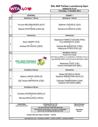 BGL BNP Paribas Luxembourg Open
ORDER OF PLAY
Thursday, 17 October 2013
CENTRAL

COURT 1

Starting at: 1:00 pm

Starting at: 1:00 pm

Yvonne MEUSBURGER (AUT)

Stefanie VOEGELE (SUI)

vs

vs

Sloane STEPHENS (USA) [2]

Karolina PLISKOVA (CZE)

followed by

followed by

Karin KNAPP (ITA)

Stephanie FORETZ GACON (FRA)
Eva HRDINOVA (CZE)

vs

vs

Andrea PETKOVIC (GER)

Kristina MLADENOVIC (FRA)
Katarzyna PITER (POL) [2]

1

2

Not Before 3:30 pm
Possible Court Change

[WC] Mandy MINELLA (LUX)/Stefanie VOEGELE (SUI) or

Liga DEKMEIJERE (LAT)/Christina MCHALE (USA)
3

vs

Stephanie VOGT (LIE)
Yanina WICKMAYER (BEL)
Not Before 6:00 pm

followed by

Sabine LISICKI (GER) [3]

Nadia PETROVA (RUS)
Katarina SREBOTNIK (SLO) [1]

4

vs

vs

[Q] Tereza SMITKOVA (CZE)

Gabriela DABROWSKI (CAN)
Heather WATSON (GBR)

Not Before 8:00 pm

Caroline WOZNIACKI (DEN) [1]
5

vs

Monica NICULESCU (ROU)
Danielle Maas
Tournament Director

16 October 2013 at 17:01
Order of Play released

Fabrice Chouquet
WTA Supervisor

ANY MATCH ON ANY COURT MAY BE MOVED
MATCHES WILL BE OFFICIALLY CALLED BY THE REFEREE
CHECK FOR THE DESIGNATED MEETING POINT

Doubles Alternates Sign-in Deadline : 1:00 PM
www.wtatennis.com | facebook.com/WTA | twitter.com/WTA | youtube.com/WTA

Clare Wood
Referee

 