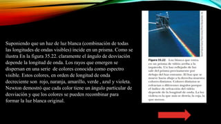 Suponiendo que un haz de luz blanca (combinación de todas
las longitudes de ondas visibles) incide en un prisma. Como se
ilustra En la figura 35.22. claramente el ángulo de desviación
depende la longitud de onda. Los rayos que emergen se
dispersan en una serie de colores conocida como espectro
visible. Estos colores, en orden de longitud de onda
decreciente son rojo, naranja, amarillo, verde , azul y violeta.
Newton demostró que cada color tiene un ángulo particular de
desviación y que los colores se pueden recombinar para
formar la luz blanca original.
 