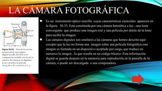 LA CÁMARA FOTOGRÁFICA
● Es un instrumento óptico sencillo cuyas características esenciales aparecen en
la figura 36.33. Está constituida por una cámara hermética a luz , una lente
convergente que produce una imagen real y una película por detrás de la lente
para recibir la imagen.
● Las cámaras digitales son similares a las cámaras que hemos descrito aquí
excepto que la luz no forma una imagen sobre una película fotográfica esta
imagen es formada en un dispositivo acoplado por carga, que traduce en
números la imagen , lo que resulta en un código binario. Esta información
digital se guarda después en la memoria para reproducirla en la pantalla de la
cámara, o puede ser descargada a una computadora.
 