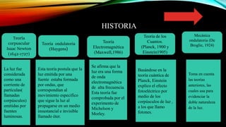 HISTORIA
Teoría
corpuscular
Isaac Newton
(1642-1727)
La luz fue
considerada
como una
corriente de
partículas(
llamadas
corpúsculos)
emitidas por
fuentes
luminosas.
Teoría ondulatoria
(Huygens)
Esta teoría postula que la
luz emitida por una
fuente estaba formada
por ondas, que
correspondían al
movimiento especifico
que sigue la luz al
propagarse en un medio
insustancial e invisible
llamado éter.
Teoría
Electromagnética
(Maxwell,1986)
Mecánica
ondulatoria (De
Broglie, 1924)
Teoría de los
Cuantos.
(Planck, 1900 y
Einstein1905)
Se afirma que la
luz era una forma
de onda
electromagnética
de alta frecuencia.
Esta teoría fue
comprobada por el
experimento de
Michelson y
Morley.
Basándose en la
teoría cuántica de
Planck, Einstein
explico el efecto
fotoeléctrico por
medio de los
corpúsculos de luz ,
a los que llamo
fotones.
Toma en cuenta
las teorías
anteriores, las
cuales usa para
evidenciar la
doble naturaleza
de la luz.
 