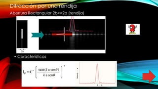 Difracción por una rendija
Abertura Rectangular 2b>>2a (rendija)
• Características
 