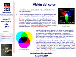 Visión del color Los colores de los cuerpos dependen del tipo de luz que los ilumina  de la naturaleza de la superficie. Si son opacos, su color se debe a la luz reflejada, si son transparentes a la luz que transmiten. Por ejemplo, un vidrio es azul porque absorbe total o parcialmente las luces que no son azules y transmite sólo la azul. Una superficie que absorbe toda la luz que le llega, se verá de color negro. Cuando se mezclan pinturas el resultado es diferente a la mezcla de luces. La mezcla de pinturas siempre resta luz, por lo que se llama mezcla  sustractiva  o  síntesis sustractiva . Al mezclar pinturas  roja , azul y  verde , se obtiene color  negro , no color blanco. Esto se debe a que el color  rojo  absorbe el azul y el  verde , el  verde  absorbe el azul y el  rojo , y el azul absorbe el  rojo  y el  verde . En este caso los colores primarios son el  amarillo , el  cian  y el  magenta .  La luz blanca es una combinación de ondas de luz de diferentes colores y frecuencias.  Cuando se proyectan sobre una pantalla haces luminosos de color  rojo ,  verde  y azul se obtiene, junto a otros colores, luz blanca.  Con estos tres colores ( rojo ,  verde  y azul), llamados  colores   primarios,  podemos reproducir una gran gama de colores. Con la mezcla de dos colores primarios se obtiene un tercer color llamado  secundario . Hay tres colores secundarios:  cian  o  turquesa ,  púrpura  o  magenta  y  amarillo . La obtención del color por medio de luces de colores se denomina  mezcla aditiva  o  síntesis aditiva . Mezcla sustractiva Mezcla aditiva 