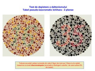 Test de depistare a daltonismului Tabel pseudo-izocromatic Ichihara : 2 planse Trebuie sa puteti vedea numerele din cele 2 figuri de mai sus ! Daca nu le vedeti, inseamna ca aveti  discromatopsie  (anomalie a distingerii culorilor, de care sufera 8% din baieti). 