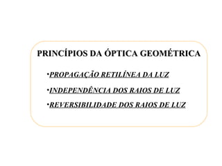 PRINCÍPIOS DA ÓPTICA GEOMÉTRICA

 •PROPAGAÇÃO RETILÍNEA DA LUZ

 •INDEPENDÊNCIA DOS RAIOS DE LUZ
 •REVERSIBILIDADE DOS RAIOS DE LUZ
 