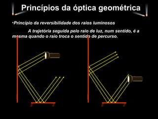 Princípios da óptica geométrica
•Princípio da reversibilidade dos raios luminosos
      A trajetória seguida pelo raio de luz, num sentido, é a
mesma quando o raio troca o sentido de percurso.
 