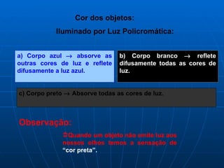 Cor dos objetos:
            Iluminado por Luz Policromática:


a) Corpo azul → absorve as      b) Corpo branco → reflete
outras cores de luz e reflete   difusamente todas as cores de
difusamente a luz azul.         luz.


c) Corpo preto → Absorve todas as cores de luz.



Observação:
              Quando um objeto não emite luz aos
              nossos olhos temos a sensação de
              “cor preta”.
 