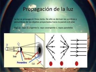 Propagación de la luz
La luz se propaga en línea recta. De ello se derivan las sombras y
penumbras de los objetos proyectados hacia la pared o el piso

Fig2 (a. rayo divergente b. rayo covergente c. rayos paralelos
 