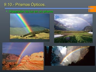 9.10.- Prismas Ópticos.9.10.- Prismas Ópticos.
• Dispersión de luz en un prismaDispersión de luz en un prisma
 