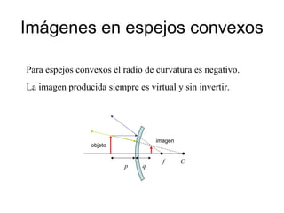 Imágenes en espejos convexos 
Para espejos convexos el radio de curvatura es negativo. 
La imagen producida siempre es virtual y sin invertir. 
objeto 
imagen 
p q 
f C 
 