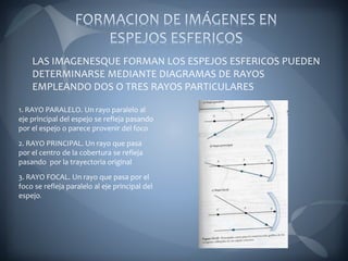 LAS IMAGENESQUE FORMAN LOS ESPEJOS ESFERICOS PUEDEN
DETERMINARSE MEDIANTE DIAGRAMAS DE RAYOS
EMPLEANDO DOS O TRES RAYOS PARTICULARES
1. RAYO PARALELO. Un rayo paralelo al
eje principal del espejo se refleja pasando
por el espejo o parece provenir del foco
2. RAYO PRINCIPAL. Un rayo que pasa
por el centro de la cobertura se refleja
pasando por la trayectoria original
3. RAYO FOCAL. Un rayo que pasa por el
foco se refleja paralelo al eje principal del
espejo
 