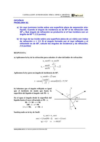 CASTILLA-LEON / JUNIO 05 LOGSE / FÍSICA / OPTICA / OPCIÓN B /
ACTIVIDAD 2
www.profes.net es un servicio gratuito de Ediciones SM
OPCIÓN B
PROBLEMA B2.
a) Un rayo luminoso incide sobre una superficie plana de separación aire-
líquido. Cuando el ángulo de incidencia es de 45º el de refracción vale
30º ¿ Qué ángulo de refracción se produciría si el haz incidiera con un
ángulo de 60º ? (1,5 puntos)
b) Un rayo de luz incide sobre una superficie plana de un vidrio con índice
de refracción n = 1,5. Si el ángulo formado por el rayo reflejado y el
refractado es de 90º, calcule los ángulos de incidencia y de refracción.
(1,5 puntos)
RESPUESTA:
a) Aplicamos la ley de la refracción para calcular el valor del índice de refracción:
2
2
1
2
2
30sen
45sen
n
30sen·n45sen·n
l
la
===
=
Aplicamos la ley para un ángulo de incidencia de 60º.
( ) º76,3761,0arcsen
2
60sen
arcsenr
senr·260sen·na
==⎟
⎠
⎞
⎜
⎝
⎛
=
=
b) Sabemos que el ángulo reflejado es igual
que el incidente de modo que hasta la
superficie del líquido el ángulo vale 90 – i.
En el agua el ángulo desde la superficie del
líquido hasta el rayo refractado es 90 – r.
90 – i + 90 – r = 90
180 – i – r = 90
i + r = 90; r = 90 – i
N
i
90 - i
90º
r
Sustituyendo en la ley de Snell:
( )
º92,88i5,1itg
icos5,1isen;i90sen5,1isen
rsennisenn va
=⇒=
=−=
=
 
