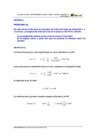 CASTILLA-LEON / SEPTIEMBRE 05 LOGSE / FÍSICA / OPTICA / OPCIÓN A /
ACTIVIDAD 2
www.profes.net es un servicio gratuito de Ediciones SM
OPCIÓN A
PROBLEMA A2.
Un rayo de luz verde pasa de una placa de vidrio de índice de refracción n =
1,5 al aire. La longitud de onda de la luz en la placa es 333⋅10-9
m. Calcule:
a) La longitud de onda de la luz verde en el aire (1,5 puntos).
b) El ángulo crítico a partir del cual se produce la reflexión total (1,5
puntos).
RESPUESTA:
a) Como la frecuencia es una magnitud que no varía, calculamos su valor:
Hz10·6
10·333·5,1
10·3
λn
c
λ
v
υ;vυ·λ 14
9
8
===== −
como conocemos la velocidad de la luz en el aire, calculamos su longitud de onda:
nm500m10·5
10·6
10·3
υ
c
λ;cυ·λ 7
14
8
===== −
b) Aplicando la ley de Snell:
rˆsen·niˆsen·n av =
La reflexión total se produce cuando el ángulo refractado es de 90º.
º8,41
5,1
1
arcseniˆ;
5,1
1
iˆsen;1iˆsen·5,1 =⎟
⎠
⎞
⎜
⎝
⎛
===
 