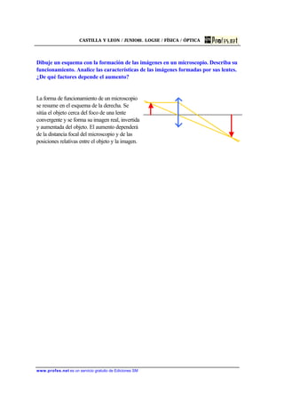 CASTILLA Y LEON / JUNIO01. LOGSE / FÍSICA / ÓPTICA
www.profes.net es un servicio gratuito de Ediciones SM
Dibuje un esquema con la formación de las imágenes en un microscopio. Describa su
funcionamiento. Analice las características de las imágenes formadas por sus lentes.
¿De qué factores depende el aumento?
La forma de funcionamiento de un microscopio
se resume en el esquema de la derecha. Se
sitúa el objeto cerca del foco de una lente
convergente y se forma su imagen real, invertida
y aumentada del objeto. El aumento dependerá
de la distancia focal del microscopio y de las
posiciones relativas entre el objeto y la imagen.
 