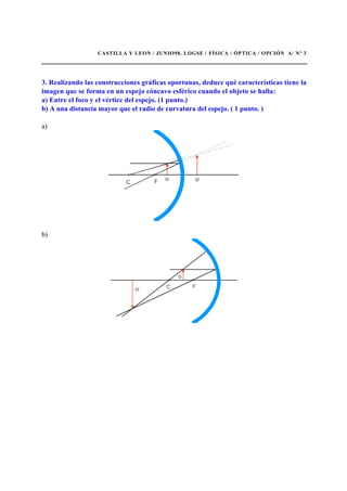 CASTILLA Y LEON / JUNIO98. LOGSE / FÍSICA / ÓPTICA / OPCIÓN A/ Nº 3
3. Realizando las construcciones gráficas oportunas, deduce qué características tiene la
imagen que se forma en un espejo cóncavo esférico cuando el objeto se halla:
a) Entre el foco y el vértice del espejo. (1 punto.)
b) A una distancia mayor que el radio de curvatura del espejo. ( 1 punto. )
a)
b)
 