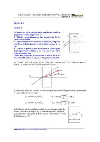 C. VALENCIANA / JUNIO 04. LOGSE / FÍSICA / ÓPTICA / BLOQUE 3
/ OPCIÓN A
www.profes.net es un servicio gratuito de Ediciones SM
BLOQUE 3
Opción A
Un haz de luz blanca incide sobre una lámina de vidrio
de grosor d con un ángulo θi = 60º.
1. Dibuja esquemáticamente las trayectorias de los
rayos rojo y violeta.
2. Determina la altura respecto al punto O’, del punto
por el que la luz roja emerge de la lámina siendo d = 1
cm.
3. Calcula el grosor d que debe tener la lámina para
que los puntos de salida de la luz roja y de la luz violeta
estén separados 1cm.
Datos: Los índices de refracción en el vidrio de la luz
roja y violeta son: nR = 1,4 y nV = 1,6, respectivamente.
1.- Como El índice de refracción del color rojo es menor que el de violeta, se acercará
menos a la normal, es decir sufrirá menos desviación.
rojo
violeta
N
2.-Aplicamos la ley de Snell de la refracción para encontrar el ángulo con que penetran en
el vidrio cada uno de los rayos.
º8,32
6,1
º60sen
arcsenθ;θsen·nº60sen·n
º2,38
4,1
º60sen
arcsenθ;θsen·nº60sen·n
vvva
rrra
=⎟
⎠
⎞
⎜
⎝
⎛
==
=⎟
⎠
⎞
⎜
⎝
⎛
==
Del triángulo que forman la normal el rayo y la cara posterior del
prisma conocemos el ángulo θ y la anchura del vidrio, de modo
que calculamos la tangente de dicho ángulo y encontramos el valor
de la altura sobre O’
θ h
O’
d
 
