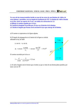 COMUNIDAD VALENCIANA / JUNIO 01. LOGSE / FÍSICA / ÓPTICA
www.profes.net es un servicio gratuito de Ediciones SM
Un rayo de luz monocromática incide en una de las caras de una láminas de vidrio, de
caras planas y paralelas, con un ángulo de incidencia de 30º. La lámina de vidrio situada
en el aire, tiene un espesor de 5 cm y un índice de refracción de 1,5.
a) Dibuja el camino seguido por el rayo.
b) Calcula la longitud recorrida por el rayo en el interior de la lámina.
c) Calcula el ángulo que forma con la normal el rayo que emerge de la lámina.
a) El camino se representa en la figura adjunta.
b) El ángulo de propagación en el interior de la figura se calcula
utilizando la ley de Snell:
n1 sen αi = n2 sen αt
º47,19
1,5
30ºsen
arcsen
sen
arcsen
2
1
=





=





=
n
n i
t
α
α
El camino recorrido por la luz es:
cm3,5
19,47ºcos
5
cos
===
α
d
l
c) Al salir el ángulo será el mismo que al entrar ya que se trata de una lámina plano paralela, por
tanto será de 30º.
30º
n = 1,5
αr
5 cm
 