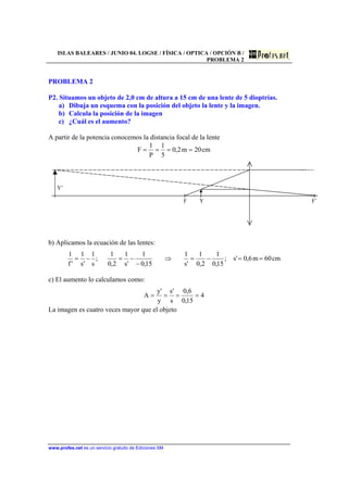 ISLAS BALEARES / JUNIO 04. LOGSE / FÍSICA / OPTICA / OPCIÓN B /
PROBLEMA 2
www.profes.net es un servicio gratuito de Ediciones SM
PROBLEMA 2
P2. Situamos un objeto de 2,0 cm de altura a 15 cm de una lente de 5 dioptrías.
a) Dibuja un esquema con la posición del objeto la lente y la imagen.
b) Calcula la posición de la imagen
c) ¿Cuál es el aumento?
A partir de la potencia conocemos la distancia focal de la lente
cm20m2,0
5
1
P
1
F ====
Y’
F Y F’
b) Aplicamos la ecuación de las lentes:
cm60m6,0's;
15,0
1
2,0
1
's
1
15,0
1
's
1
2,0
1
;
s
1
's
1
'f
1
==−=⇒
−
−=−=
c) El aumento lo calculamos como:
4
15,0
6,0
s
's
y
'y
A ====
La imagen es cuatro veces mayor que el objeto
 