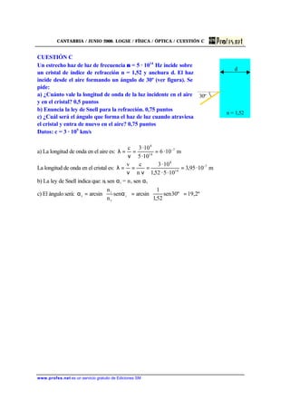 CANTABRIA / JUNIO 2000. LOGSE / FÍSICA / ÓPTICA / CUESTIÓN C
www.profes.net es un servicio gratuito de Ediciones SM
CUESTIÓN C
Un estrecho haz de luz de frecuencia ν = 5 · 1014
Hz incide sobre
un cristal de índice de refracción n = 1,52 y anchura d. El haz
incide desde el aire formando un ángulo de 30º (ver figura). Se
pide:
a) ¿Cuánto vale la longitud de onda de la luz incidente en el aire
y en el cristal? 0,5 puntos
b) Enuncia la ley de Snell para la refracción. 0,75 puntos
c) ¿Cuál será el ángulo que forma el haz de luz cuando atraviesa
el cristal y entra de nuevo en el aire? 0,75 puntos
Datos: c = 3 · 105
km/s
a) La longitud de onda en el aire es: m10·6
10·5
10·3c 7-
14
8
==
ν
=λ
La longitud de onda en el cristal es: m10·95,3
10·5·52,1
10·3
n
cv 7-
14
8
==
ν
=
ν
=λ
b) La ley de Snell indica que: ni sen αi = nt sen αt
c) El ángulo será: º2,19º30sen
52,1
1
arcsinsen
n
n
arcsin i
t
i
t =





=





α=α
30º
n = 1,52
d
 