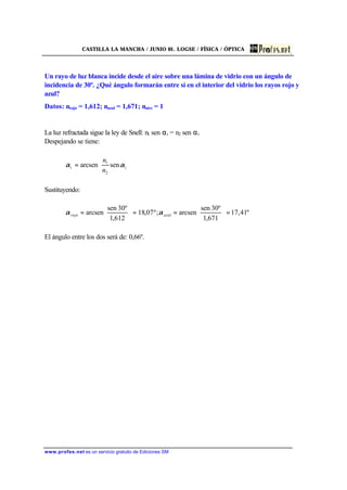CASTILLA LA MANCHA / JUNIO 01. LOGSE / FÍSICA / ÓPTICA
www.profes.net es un servicio gratuito de Ediciones SM
Un rayo de luz blanca incide desde el aire sobre una lámina de vidrio con un ángulo de
incidencia de 30º. ¿Qué ángulo formarán entre sí en el interior del vidrio los rayos rojo y
azul?
Datos: nrojo = 1,612; nazul = 1,671; naire = 1
La luz refractada sigue la ley de Snell: n1 sen αi = n2 sen αt
Despejando se tiene:






= it
n
n
αα senarcsen
2
1
Sustituyendo:
º41,17
671,1
º30sen
arcsen;º07,18
612,1
º30sen
arcsen =





==





= azulrojo αα
El ángulo entre los dos será de: 0,66º.
 