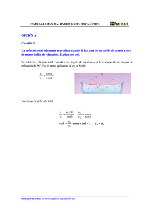 CASTILLA-LA MANCHA / JUNIO 02. LOGSE / FÍSICA / ÓPTICA
www.profes.net es un servicio gratuito de Ediciones SM
OPCIÓN A
Cuestión 5
La reflexión total solamente se produce cuando la luz pasa de un medio de mayor a otro
de menor índice de refracción. Explica por qué.
Se habla de reflexión total, cuando a un ángulo de incidencia λ le corresponde un ángulo de
refracción de 90º. Por lo tanto, aplicando la ley de Snell:
1
2
2
1
sen
sen
n
n
α
α
=
En el caso de reflexión total:
12 nn1senëcomo <⇒<=λ
λ
=⇒
λ
=
1
2
2
1
2
1
n
n
sen
sen
1
n
n
sen
90sen
n
n
 