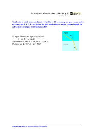LA RIOJA / SEPTIEMBRE99. LOGSE / FÍSICA / ÓPTICA/
CUESTIÓN 1
www.profes.net es un servicio gratuito de Ediciones SM
Una loseta de vidrio con un índice de refracción de 1,5 se sumerge en agua con un índice
de refracción de 1,33. La luz dentro del agua incide sobre el vidrio. Hallar el ángulo de
refracción si el ángulo de incidencia es 60º.
El ángulo de refracción sigue la ley de Snell:
ni · sen αi = nt · sen αt
Sustituyendo se tiene: 1,33 sen 60º = 1,5 · sen αt
Por tanto sen αt = 0,768 y αt = 50,2º
αi
αt
Agua
Vidrio
 