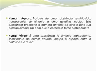  Humor    Aquoso: Trata-se de uma substância semi-líquida,
 transparente, semelhante a uma gelatina incolor. Esta
 substância preenche a câmara anterior do olho e pela sua
 pressão interna, faz com que a córnea se torne protuberante

 Humor Vítreo: É uma substância totalmente transparente,
 semelhante ao humor aquoso, ocupa o espaço entre o
 cristalino e a retina.
 