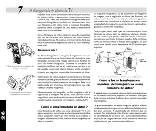 26
7 A vídeo-gravação ou câmara de TV
Hoje em dia é muito comum encontrarmos, em festinhas
de aniverssário, casamentos, eventos esportivos,
carnaval, etc, além dos tradicionais fotógrafos com suas
máquinas fotográficas, também os "câmaras-men" com
suas filmadoras de vídeo. Com a máquina fotográfica
podemos obter a imagem da cena estática diretamente
sobre uma fita de celulose.
Com a filmadora de vídeo obtemos uma fita magnética
que, ao ser colocada num aparelho de vídeo cassete,
reproduz na tela da TV, as cenas em movimento. Será que
essas duas formas de registro das cenas é a única diferença
entre elas?
A resposta é não !
No filme fotográfico a imagem é registrada por um
processo químico: a luz, proveniente da cena que se quer
fotografar, provoca uma reação química nos haletos de
prata do filme fotográfico. Durante o processo de
revelação do filme, nos locais onde houve incidência da
luz surgirão nuances de claro e escuro, sendo a imagem
da cena, em negativo, construida diretamente no filme.
Na filmadora de vídeo, a luz proveniente da cena filmada,
é projetada sobre grânulos de césio, material fotossensível,
que constitui o mosaico receptor de imagem. Essa luz é
trasformada em impulsos eletromagnéticos que irão
codificar uma fita magnética.
Diferentemente da fotografia, na fita magnética não é
registrada a imagem da cena, mas apenas sinais
magnéticos que serão posteriormente decodíficados e
transformados novamente em imagem, na tela da TV.
Filme fotográfico e o registro da
imagem e do som
Fita magnética com sinais
magnéticos codificados
Na máquina fotográfica a luz se transforma em negativo
da imagem, que é registrada no filme. Na filmadora de
vídeo a luz se transforma em impulsos eletromagnéticos
que podem ser modulados e enviados ao espaço como
uma onda eletromagnética ou então serem registrados e
guardados numa fita magnética.
Para proporcionar esse tipo de transformação, uma
filmadora de vídeo, além da objetiva e da lente, dispõe
de um canhão que projeta elétrons contra o mosaico,
fazendo uma varredura de todo o quadro, linha por linha,
como faz nossos olhos na leitura dessa página, só que
muito mais rápida, numa frequência de 30 quadros por
segundo.
Um esquema mostrando as partes de uma filmadora.
Como é uma filmadora de vídeo ?
Uma filmadora de vídeo, ou uma câmara de TV é, em
alguns aspectos, semelhante a uma máquina fotográfica:
ambas possuem objetivas com lentes para projetar a
imagem, da cena escolhida, sobre o filme fotográfico ou
sobre o mosaico.
Como a luz se transforma em
impulsos eletromagnéticos numa
filmadora de vídeo?
A idéia de que o canhão de elétrons da filmadora de video
faz a varredura da cena projetada no mosaico, linha por
linha, como se estivesse "lendo um livro" permite responder
esta pergunta.
Os grânulos de césio ao serem atingidos pela luz, sofrem
uma separação de cargas com os elétrons desligando-se
dos seus átomos. A quantidade de elétrons que se
separam dos grânulos de césio é tanto maior quanto maior
for a incidência de luz sobre eles. Como resultado desta
separação de cargas elétricas, mais átomos se eletrizam
positivamente, por perderem seus elétrons.
 