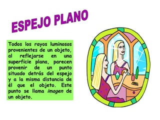 ESPEJO PLANO Todos los rayos luminosos provenientes de un objeto, al reflejarse en una superficie plana, parecen provenir de un punto situado detrás del espejo y a la misma distancia de él que el objeto. Este punto se llama  imagen  de un objeto.  