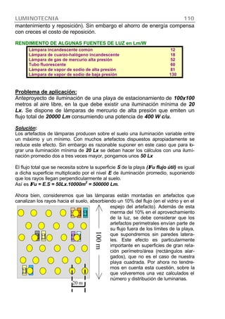 LUMINOTECNIA 110
mantenimiento y reposición). Sin embargo el ahorro de energía compensa
con creces el costo de reposición.
RENDIMIENTO DE ALGUNAS FUENTES DE LUZ en Lm/W
Lámpara incandescente común 12
Lámpara de cuarzo-halógeno incandescente 18
Lámpara de gas de mercurio alta presión 52
Tubo fluorescente 60
Lámpara de vapor de sodio de alta presión 81
Lámpara de vapor de sodio de baja presión 130
Problema de aplicación:
Anteproyecto de iluminación de una playa de estacionamiento de 100x100
metros al aire libre, en la que debe existir una iluminación mínima de 20
Lx. Se dispone de lámparas de mercurio de alta presión que emiten un
flujo total de 20000 Lm consumiendo una potencia de 400 W c/u.
Solución:
Los artefactos de lámparas producen sobre el suelo una iluminación variable entre
un máximo y un mínimo. Con muchos artefactos dispuestos apropiadamente se
reduce este efecto. Sin embargo es razonable suponer en este caso que para lo-
grar una iluminación mínima de 20 Lx se deban hacer los cálculos con una ilumi-
nación promedio dos a tres veces mayor, pongamos unos 50 Lx
El flujo total que se necesita sobre la superficie S de la playa (ΦΦu flujo útil) es igual
a dicha superficie multiplicado por el nivel E de iluminación promedio, suponiendo
que los rayos llegan perpendicularmente al suelo.
Así es ΦΦu = E.S = 50Lx.10000m
2
= 500000 Lm.
Ahora bien, consideremos que las lámparas están montadas en artefactos que
canalizan los rayos hacia el suelo, absorbiendo un 10% del flujo (en el vidrio y en el
espejo del artefacto). Además de esta
merma del 10% en el aprovechamiento
de la luz, se debe considerar que los
artefactos perimetrales envían parte de
su flujo fuera de los límites de la playa,
que supondremos sin paredes latera-
les. Este efecto es particularmente
importante en superficies de gran rela-
ción perímetro/área (rectángulos alar-
gados), que no es el caso de nuestra
playa cuadrada. Por ahora no tendre-
mos en cuenta esta cuestión, sobre la
que volveremos una vez calculados el
número y distribución de luminarias.
100m
20 m
 