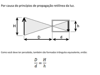 Por causa do princípios de propagação retilínea da luz.

Como você deve ter percebido, também são formados triângulos equivalente, então:

 