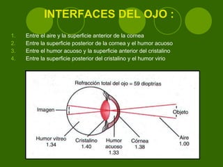 INTERFACES DEL OJO : Entre el aire y la superficie anterior de la cornea  Entre la superficie posterior de la cornea y el humor acuoso  Entre el humor acuoso y la superficie anterior del cristalino  Entre la superficie posterior del cristalino y el humor virio  