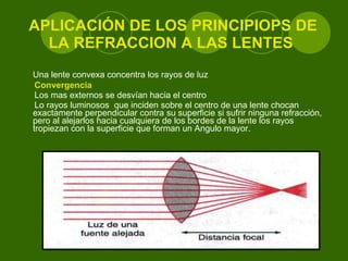 APLICACIÓN DE LOS PRINCIPIOPS DE LA REFRACCION A LAS LENTES  Una lente convexa concentra los rayos de luz Convergencia Los mas externos se desvían hacia el centro  Lo rayos luminosos  que inciden sobre el centro de una lente chocan exactamente perpendicular contra su superficie si sufrir ninguna refracción, pero al alejarlos hacia cualquiera de los bordes de la lente los rayos tropiezan con la superficie que forman un Angulo mayor. 