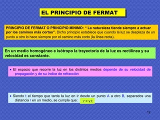 12
• El espacio que recorre la luz en los distintos medios depende de su velocidad de
propagación y de su índice de refracción
• Siendo t el tiempo que tarda la luz en ir desde un punto A a otro B, separados una
distancia r en un medio, se cumple que: r = v t
PRINCIPIO DE FERMAT O PRINCIPIO MÍNIMO: “ La naturaleza tiende siempre a actuar
por los caminos más cortos”. Dicho principio establece que cuando la luz se desplaza de un
punto a otro lo hace siempre por el camino más corto (la línea recta).
En un medio homogéneo e isótropo la trayectoria de la luz es rectilínea y su
velocidad es constante.
EL PRINCIPIO DE FERMATEL PRINCIPIO DE FERMAT
 