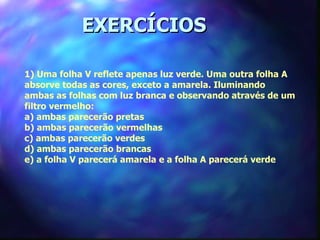 EXERCÍCIOS
    


 1) Uma folha V reflete apenas luz verde. Uma outra folha A
 absorve todas as cores, exceto a amarela. Iluminando
 ambas as folhas com luz branca e observando através de um
 filtro vermelho:
 a) ambas parecerão pretas
 b) ambas parecerão vermelhas
 c) ambas parecerão verdes
 d) ambas parecerão brancas
 e) a folha V parecerá amarela e a folha A parecerá verde
  
 