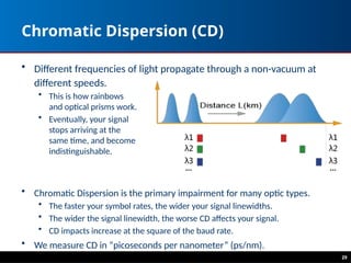 29
Chromatic Dispersion (CD)
• Different frequencies of light propagate through a non-vacuum at
different speeds.
• This is how rainbows
and optical prisms work.
• Eventually, your signal
stops arriving at the
same time, and become
indistinguishable.
• Chromatic Dispersion is the primary impairment for many optic types.
• The faster your symbol rates, the wider your signal linewidths.
• The wider the signal linewidth, the worse CD affects your signal.
• CD impacts increase at the square of the baud rate.
• We measure CD in “picoseconds per nanometer” (ps/nm).
 