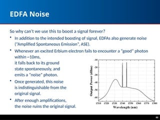 60
EDFA Noise
So why can’t we use this to boost a signal forever?
• In addition to the intended boosting of signal, EDFAs also generate noise
(“Amplified Spontaneous Emission”, ASE).
• Whenever an excited Erbium electron fails to encounter a “good” photon
within ~10ms,
it falls back to its ground
state spontaneously, and
emits a ”noise” photon.
• Once generated, this noise
is indistinguishable from the
original signal.
• After enough amplifications,
the noise ruins the original signal.
 