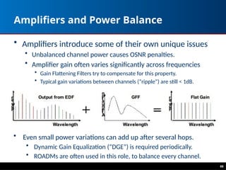 Amplifiers and Power Balance
• Amplifiers introduce some of their own unique issues
• Unbalanced channel power causes OSNR penalties.
• Amplifier gain often varies significantly across frequencies
• Gain Flattening Filters try to compensate for this property.
• Typical gain variations between channels (“ripple”) are still < 1dB.
66
• Even small power variations can add up after several hops.
• Dynamic Gain Equalization (“DGE”) is required periodically.
• ROADMs are often used in this role, to balance every channel.
 