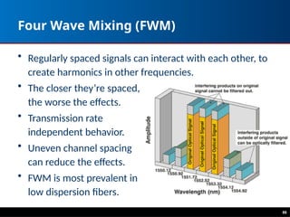86
Four Wave Mixing (FWM)
• Regularly spaced signals can interact with each other, to
create harmonics in other frequencies.
• The closer they’re spaced,
the worse the effects.
• Transmission rate
independent behavior.
• Uneven channel spacing
can reduce the effects.
• FWM is most prevalent in
low dispersion fibers.
 