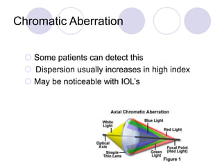 Chromatic Aberration
 Some patients can detect this
 Dispersion usually increases in high index
 May be noticeable with IOL’s
 
