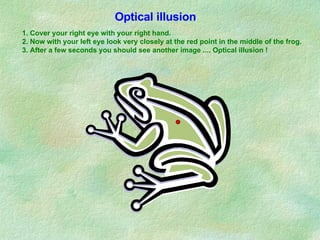 1. Cover your right eye with your right hand. 2. Now with your left eye look very closely at the red point in the middle of the frog. 3. After a few seconds you should see another image .... Optical illusion ! Optical illusion 