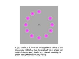 If you continue to focus on the sign in the centre of the image you will notice that the circle of violet circles will soon disappear completely, and you will see only the green spot (which is actually violet)  