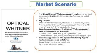 Market Scenario
• The Global Optical Whitening Agent Market is projected
to grow at a CAGR of 5.6% during the forecast period of
2021-2027.
• Key Players:
BASF, RPM International, Huntsman, Clariant, Keystone
Aniline, Brilliant Group, Aron Universal, 3V, TEH Fong Min
International, AR Chroma and others.
• Based on product type, the Optical Whitening Agent
market is segmented as follow:
Stilbene Type, Coumarin Type, Pyrazoline Type
O-phthalimide Type, Benzene Nitrogen and Oxygen Type
• Based on application. The Optical Whitening Agent
market is segmented as follow:
Paper, Fabrics, Detergents & Soaps
Synthetics & Plastics, Other
 