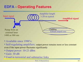 EDFA - Operating Features
                                        Amplifier length
Input signal                             1-20 m typical
                                                                   Amplified signal



 Pump from an                                        Cladding
                                                      Erbium doped core
  external laser
 1480 or 980 nm

 • Available since 1990’s:
 • Self-regulating amplifiers: output power remains more or less constant
 even if the input power fluctuates significantly
 • Output power: 10-23 dBm
 • Gain: 30 dB
 • Used in terrestrial and submarine links
                                   Prof. Z Ghassemlooy                            14
 
