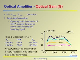 Optical Amplifier - Optical Gain (G)

r G = S Output / S Input   (No noise)
a Input signal dependent:
   – Operating point (saturation) of
     EDFA strongly depends on
     power and wavelength of
     incoming signal
                                                   Gain (dB)
                                                                                  EDFA
                                            40
                                                               P Input: -30 dBm
• Gain ↓ as the input power ↑
  Pin         Gain            Pout          30                       -20 dBm

-20 dBm       30 dB        +10 dBm                                   -10 dBm
-10 dBm       25 dB        +15 dBm          20                        -5 dBm

Note, Pin changes by a factor of ten
                                            10
then Pout changes only by a factor of        1520        1540              1560     1580
three in this power range.
                                  Prof. Z Ghassemlooy                                    19
 