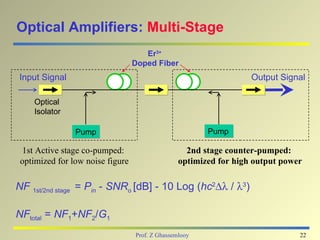 Optical Amplifiers: Multi-Stage
                                     Er3+
                                  Doped Fiber
Input Signal                                                       Output Signal

    Optical
    Isolator

                Pump                                    Pump

  1st Active stage co-pumped:                      2nd stage counter-pumped:
 optimized for low noise figure                  optimized for high output power

NF 1st/2nd stage = Pin - SNRo [dB] - 10 Log (hc2∆λ / λ3)

NFtotal = NF1+NF2/G1
                                  Prof. Z Ghassemlooy                          22
 