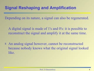 Signal Reshaping and Amplification

Depending on its nature, a signal can also be regenerated.

  A digital signal is made of 1's and 0's: it is possible to
  reconstruct the signal and amplify it at the same time.

s An analog signal however, cannot be reconstructed
  because nobody knows what the original signal looked
  like.



                         Prof. Z Ghassemlooy                   4
 