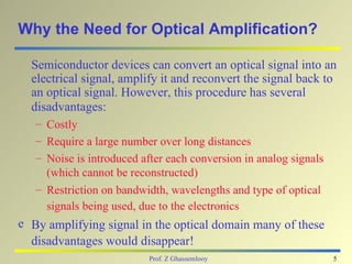 Why the Need for Optical Amplification?

  Semiconductor devices can convert an optical signal into an
  electrical signal, amplify it and reconvert the signal back to
  an optical signal. However, this procedure has several
  disadvantages:
   – Costly
   – Require a large number over long distances
   – Noise is introduced after each conversion in analog signals
     (which cannot be reconstructed)
   – Restriction on bandwidth, wavelengths and type of optical
     signals being used, due to the electronics
e By amplifying signal in the optical domain many of these
  disadvantages would disappear!
                           Prof. Z Ghassemlooy                     5
 