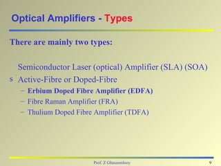 Optical Amplifiers - Types

There are mainly two types:

  Semiconductor Laser (optical) Amplifier (SLA) (SOA)
s Active-Fibre or Doped-Fibre
  – Erbium Doped Fibre Amplifier (EDFA)
  – Fibre Raman Amplifier (FRA)
  – Thulium Doped Fibre Amplifier (TDFA)




                      Prof. Z Ghassemlooy               9
 