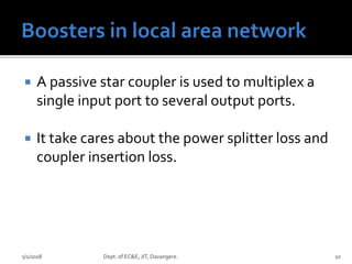  A passive star coupler is used to multiplex a
single input port to several output ports.
 It take cares about the power splitter loss and
coupler insertion loss.
1/1/2018 Dept. of EC&E, JIT, Davangere. 10
 